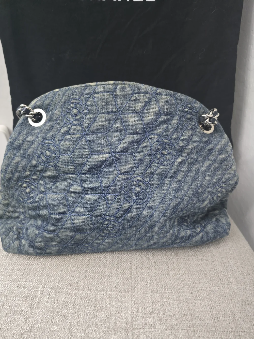 AUTHENTIC Chanel Blue Denim Camellia Just Mademoiselle Bowler Bag
